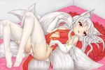  animal_ears breasts center_opening china_dress chinese_clothes covered_nipples dress elbow_gloves fox_ears fox_tail garter_straps gloves long_hair multiple_tails original panties red_eyes small_breasts solo tail tenyoshi_(briansept) thighhighs underboob underwear white_hair 