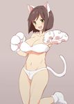  animal_ears bra breasts brown_hair cat_ears cat_paws cat_tail chameleon_(ryokucha_combo) cleavage fang green_eyes idolmaster idolmaster_cinderella_girls large_breasts maekawa_miku open_mouth panties paws short_hair simple_background smile solo tail underwear underwear_only white_bra white_panties 