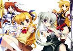  absurdres ahoge bardiche blue_eyes blush brown_hair dress einhart_stratos fate_testarossa fujima_takuya garters gloves grey_hair hand_on_own_chest happy heterochromia highres lyrical_nanoha magical_girl mahou_shoujo_lyrical_nanoha_vivid multiple_girls raising_heart red_eyes ribbon sacred_heart scan school_uniform side_ponytail skirt st._hilde_academy_of_magic_uniform takamachi_nanoha thighhighs twintails vivio 