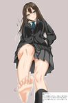 ass_visible_through_thighs barefoot blush breasts brown_hair earrings feet from_below green_eyes hand_in_pocket idolmaster idolmaster_cinderella_girls jewelry kure_masahiro large_breasts long_hair long_sleeves necktie outstretched_foot pleated_skirt pov_feet school_uniform shibuya_rin shirt single_sock skirt smile socks soles solo taunting toes translation_request tweet upskirt very_long_hair vest wiggling_toes 
