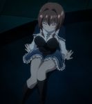  1girl absolute_duo bent_knees breasts brown_hair dark eyes_closed hotaka_miyabi indoors knees_together_feet_apart large_breasts screencap sitting sitting_on_floor skirt thighs 