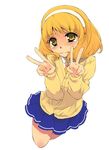  bangs blonde_hair blue_skirt blunt_bangs cardigan double_v hairband headband kise_yayoi nanairogaoka_middle_school_uniform necktie precure school_uniform simple_background skirt smile_precure! solo tears v white_background white_hairband yuu_(kfc) 