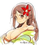  amagi_(kantai_collection) areola_slip areolae artist_name bare_shoulders blush breasts brown_eyes brown_hair cleavage collarbone covering covering_one_breast flower flying_sweatdrops hair_flower hair_ornament kantai_collection large_breasts long_hair mole mole_under_eye no_bra off_shoulder ponytail simple_background solo sweatdrop wardrobe_malfunction white_background yuzuki_gao 