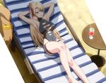  angela_balzac armpits arms_behind_head beach_chair black_swimsuit blonde_hair blue_eyes breasts drink drinking_straw from_above frown halterneck highres long_hair lying on_back one-piece_swimsuit ponytail rakuen_tsuihou screencap solo_focus stitched swimsuit table thigh_strap third-party_edit very_long_hair 