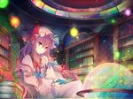  bookshelf bow capelet chair flower hair_ribbon hat hat_bow kazu_(muchuukai) library long_hair long_sleeves mob_cap patchouli_knowledge purple_eyes purple_hair reading red_flower red_rose ribbon rose sitting solo touhou tress_ribbon very_long_hair wide_sleeves 