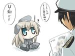  1girl :c ? admiral_(kantai_collection) aqua_eyes black_hair blank_stare blush_stickers chibi commentary frown garrison_cap goma_(gomasamune) hat jitome kantai_collection long_hair machinery military military_uniform short_hair sitting snorkel translated u-511_(kantai_collection) uniform white_background 