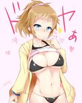  &gt;:) bikini black_bikini blue_eyes breasts brown_hair cleavage gundam gundam_build_fighters gundam_build_fighters_try heart highres hoshino_fumina jacket large_breasts lowleg lowleg_bikini midriff mizuyan navel ponytail scrunchie shirt_lift smile solo sports_bra swimsuit v-shaped_eyebrows 