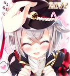  blush closed_eyes hair_flaps hat heart highres hotarumaru male_focus military military_uniform ooji_cha open_mouth out_of_frame petting pov pov_hands sailor_hat silver_hair smile solo_focus spoken_heart touken_ranbu translated uniform 