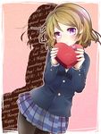  bad_id bad_pixiv_id black_legwear blazer blonde_hair blush box gift gift_box heart heart-shaped_box highres jacket koizumi_hanayo kuromame_(8gou) long_sleeves love_live! love_live!_school_idol_project otonokizaka_school_uniform pantyhose pleated_skirt purple_eyes school_uniform shirt skirt solo valentine 