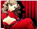  bad_id bad_pixiv_id bangs blue_eyes bodysuit breasts catsuit cleavage_cutout commentary_request crossed_legs earrings gloves grey_hair hand_on_own_thigh head_tilt jewelry jpeg_artifacts large_breasts light_smile looking_at_viewer persona persona_5 purple_gloves red red_background restaint shadow sitting smile solo stud_earrings swept_bangs takamaki_anne turtleneck twintails unzipped wavy_hair zipper 