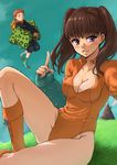  1girl bad_id bad_pixiv_id bangs black_hair blush boots breasts brown_eyes brown_hair cleavage closed_mouth collarbone cross-laced_footwear day diane_(nanatsu_no_taizai) elbow_gloves eyebrows_visible_through_hair fingerless_gloves floating from_side full_body giantess gloves grass grin groin groin_tendon hand_up high_collar highleg highleg_leotard holding holding_pillow hood hood_down hoodie hut index_finger_raised king_(nanatsu_no_taizai) knee_boots knee_up lace-up_boots leaning_back leotard light_smile long_hair looking_at_viewer medium_breasts nanatsu_no_taizai on_ground orange_footwear orange_leotard outdoors parted_lips pillow pillow_hug puma_(hyuma1219) purple_eyes short_hair short_sleeves sitting size_difference sky smile smoke thighs twintails unbuttoned v_arms 