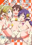  3girls :d \m/ animal_costume ayase_eli bell black_hair blonde_hair blue_eyes blush breasts clearite cleavage double_\m/ green_eyes highres horns large_breasts long_hair looking_at_viewer love_live! love_live!_school_idol_project low_twintails midriff multiple_girls navel one_eye_closed open_mouth ponytail purple_hair red_eyes ribbon-trimmed_underwear ribbon_trim sheep_costume sheep_horns small_breasts smile toujou_nozomi twintails underboob underwear yazawa_nico 