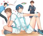  3boys anger_vein blue_hair breast_padding brown_eyes brown_hair cosplay costume_switch crossdressing crossover gekkan_shoujo_nozaki-kun green_eyes haikyuu!! heart hori_masayuki iwaizumi_hajime kashima_yuu motion_blur multiple_boys oikawa_tooru_(haikyuu!!) reverse_trap sanpaku short_hair sitting warable 