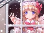  against_window blonde_hair blue_eyes bow capelet commentary dress fairy_wings from_outside hat hat_bow highres lily_white long_hair long_sleeves looking_out_window lzh snowing solo touhou white_dress wide_sleeves window wings winter 