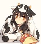  :t akagi_(kantai_collection) alternate_costume animal_costume black_hair brown_eyes chips cow_costume eating food food_on_face highres hiiragi_hajime kantai_collection long_hair looking_at_viewer lying md5_mismatch on_stomach potato_chips simple_background solo white_background 
