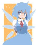  arms_behind_back bad_id bad_pixiv_id blue_eyes blue_hair blush cirno dress freckles looking_at_viewer maskman short_hair simple_background solo touhou white_background 