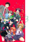  3girls ^_^ black_hair black_legwear blonde_hair blue_eyes blue_hair bow brown_eyes brown_hair closed_eyes confetti gekkan_shoujo_nozaki-kun hair_bow hori_masayuki kashima_yuu miniskirt multiple_boys multiple_girls necktie nozaki_umetarou open_mouth orange_hair party_popper pleated_skirt polka_dot polka_dot_bow purple_hair rouman_academy_uniform sakura_chiyo sanpaku school_uniform seo_yuzuki skirt smile takumi_(scya) thighhighs wakamatsu_hirotaka yellow_eyes 