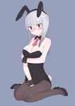  1girl animal_ears bangs between_legs black_legwear blue_background blunt_bangs blush breasts bunny_ears bunnysuit cleavage detached_collar embarrassed fake_animal_ears full_body glasses heidimarie_w_schnaufer high_heels highres long_hair open_mouth pantyhose red_eyes seedflare silver_hair simple_background solo strike_witches wrist_cuffs 