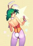  animal_ears ass bare_shoulders blush bunny_ears bunny_girl bunny_tail bunnysuit cowboy_shot detached_collar floating_hair holding looking_at_viewer looking_back macross macross_frontier microphone pantyhose ranka_lee short_hair smile solo star tail wrist_cuffs yuksi zipper 