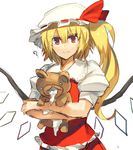  ? blonde_hair flandre_scarlet hat hat_ribbon highres holding looking_at_viewer melon22 mob_cap puffy_short_sleeves puffy_sleeves red_eyes ribbon short_sleeves side_ponytail simple_background skirt solo stuffed_animal stuffed_toy stuffing teddy_bear touhou upper_body white_background wings 