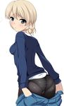  ass bad_id bad_pixiv_id black_legwear blonde_hair blue_skirt blue_sweater blush braid darjeeling girls_und_panzer highres looking_at_viewer miniskirt nksk panties panties_under_pantyhose pantyhose pleated_skirt school_uniform short_hair simple_background skirt skirt_pull solo st._gloriana's_school_uniform sweater underwear uniform white_background 