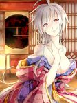  ahoge architecture asutora breasts cleavage east_asian_architecture hand_on_own_chest head_tilt highres indoors japanese_clothes kimono large_breasts long_hair long_neck looking_at_viewer off_shoulder red_eyes silver_hair solo vocaloid voyakiloid yowane_haku 