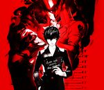  amamiya_ren arsene_(persona_5) black_hair card english hand_in_pocket height_chart highres holding holding_card no_eyewear official_art persona persona_5 school_uniform short_hair shuujin_academy_uniform smile soejima_shigenori turtleneck 