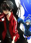  &gt;_&lt; 1girl black_eyes black_hair blue_hair blue_sky closed_eyes daenarys ene_(kagerou_project) headphones jacket jumping kagerou_project kisaragi_shintarou long_hair short_hair sky smile track_jacket twintails 