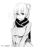  breasts dated fringe_trim greyscale highres hiiragi_hajime medium_breasts monochrome ribbed_sweater scarf simple_background smile solo sweater white_background 