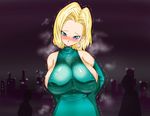  1girl absurdres android_18 areola_slip areolae bare_shoulders basara blonde_hair blue_eyes blush breasts dragon_ball dragonball_z dress earrings elbow_gloves embarrassed gloves hand_on_hip highres huge_breasts jewelry looking_at_viewer short_hair simple_background standing sweat trembling 