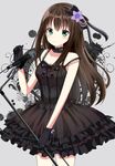  bare_shoulders black_gothic_dress_(idolmaster) brown_hair dress gloves green_eyes hair_ornament idolmaster idolmaster_cinderella_girls long_hair md5_mismatch microphone ryoutan shibuya_rin solo 