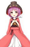 bowl bowl_hat hands_on_own_chest hat highres japanese_clothes kimono long_sleeves looking_at_viewer needle obi ocha_(ochappie) open_mouth purple_hair red_eyes sash short_hair smile solo sukuna_shinmyoumaru touhou wide_sleeves 