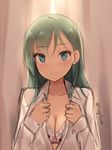  bad_id bad_pixiv_id bangs blue_eyes blush bra breasts cleavage curtains dress_shirt eyeshadow food_print food_themed_clothes green_hair highres hiiragi_hajime indoors kantai_collection lace lace-trimmed_bra light_smile lingerie long_hair long_sleeves looking_at_viewer makeup medium_breasts open_clothes open_shirt pink_bra shirt sketch smile solo strawberry_print suzuya_(kantai_collection) twitter_username underwear undressing upper_body white_shirt 