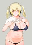 1girl belly bikini black_bikini blonde_hair blush breasts cleavage headphones highres huge_breasts licking_lips looking_at_viewer navel nitroplus open_mouth orange_eyes plump scotch shirt shirt_lift short_hair simple_background skindentation smile solo super_pochaco swimsuit thick_thighs tongue tongue_out twintails undressing wide_hips 