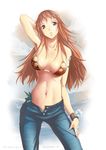  arm_up armpits bare_shoulders breasts brown_eyes denim jeans long_hair looking_at_viewer nami nami_(one_piece) navel one_piece orange_hair pants solo tattoo 