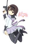  akemi_homura akemi_homura_(cosplay) bad_id bad_pixiv_id black_legwear blush bow brown_eyes brown_hair copyright_name cosplay from_behind girls_und_panzer gun hairband handgun highres holding holding_gun holding_weapon jumping looking_at_viewer looking_back mahou_shoujo_madoka_magica mauser_c96 nishizumi_maho nksk pantyhose parody pistol short_hair simple_background skirt solo title_parody trigger_discipline weapon white_background 