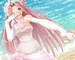  :d beach breasts cleavage dress earrings elbow_gloves flower gloves hair_flower hair_ornament holding_hands houjicha_(hiro) jewelry jun'you_(kantai_collection) kantai_collection large_breasts long_hair magatama ocean one_eye_closed open_mouth out_of_frame pink_dress pink_wedding_dress purple_eyes purple_hair ring sash smile solo_focus spiked_hair tears wedding_band wedding_dress wiping_tears 