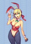  ahoge animal_ears bare_shoulders black_legwear blonde_hair blue_background breasts bunny_ears bunnysuit card cleavage covered_navel cowboy_shot detached_collar fate/extra fate_(series) green_eyes hair_ribbon holding large_breasts looking_at_viewer nero_claudius_(fate) nero_claudius_(fate)_(all) open_mouth pantyhose playing_card revision ribbon solo wrist_cuffs yuksi 