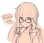  glasses hiiragi_hajime long_hair looking_at_viewer monochrome simple_background sketch smile solo translation_request white_background 