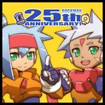  1girl anniversary ashe_(rockman) blue_hair green_eyes grey_(rockman) ponytail rockman rockman_zx rockman_zx_advent tonami_kanji white_hair 