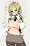  black_legwear breast_grab breasts epaulettes gloves grabbing green_eyes guided_breast_grab huge_breasts itou_life kantai_collection katori_(kantai_collection) military military_uniform miniskirt navel nipples open_clothes open_shirt pantyhose shirt shirt_lift skirt solo_focus translation_request uniform 