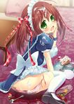  accident blush brown_hair cake dress dress_lift drinking_straw food fruit glass green_eyes hanamiya_natsuka highres ice ice_cube maid maid_headdress original panties panty_pull plate short_hair side-tie_panties slice_of_cake solo strawberry strawberry_shortcake striped striped_panties suggestive_fluid thighhighs tray underwear untied untied_panties 