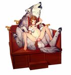  1girl animal artist_request bestiality breast_feeding dog dungeon_and_fighter long_hair looking_at_viewer orange_eyes pregnant reverse_cowgirl_position sex simple_background smile straddling underwear vaginal wega_herg&eacute;_von_philasia wega_herge_von_philasia white_background wolf 