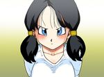  1girl absurdres angry basara black_hair blue_eyes blush breasts collarbone dragon_ball dragonball_z highres long_hair looking_at_viewer simple_background solo staring twintails videl 