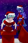  2014 anthro anthrofied blue_eyes blush chimney christmas_hat clothing duo elbow_gloves embarrassed equine female friendship_is_magic gloves horn mammal miniskirt my_little_pony navel night princess_celestia_(mlp) princess_luna_(mlp) purple_eyes sack sibling sisters skecchiart skirt snow star stuck winged_unicorn wings 