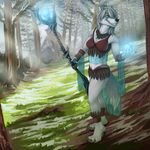  anthro blue_eyes canine claws clothed clothing cloud danza detailed_background fantasy feathers female forest fur hair healer magic mammal outside pine polearm sky smile solo staff teeth tree weapon wolf 