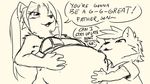  age_difference belly_hug bottomless canine child clothed clothing cub duo female fur hair half-dressed humor incest larger_female male mammal mother navel parent pregnant size_difference sketch sloss smaller_male son text underwear wolf young 