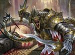 anthro armor blood chain charging city cityscape corpse dead dual_wielding holding_weapon lizard looking_at_viewer magic_the_gathering male matt_stewart official_art outside reptile scalie snarling soldier solo sword viashino weapon 