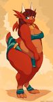  chubby cleavage clothed clothing digitigrade dragon female horn javanshir loincloth looking_at_viewer membranous_wings necklace overweight pom scalie solo standing thick_thighs wide_hips wings 