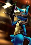  2015 alcohol anthro balls bar beverage big_sheath blue_fur bottle butt cafe canine carrying dark_violet eyelashes fully_sheathed fur glass lucario male mammal nintendo pok&eacute;mon red_eyes sheath side_view solo spike tray video_games waiter waiting wide_hips wine yellow_fur 